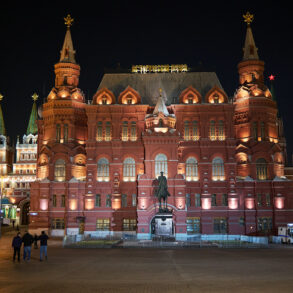 The entrance to Red Square, along with the monument of Marshal Zhukov on his horse.